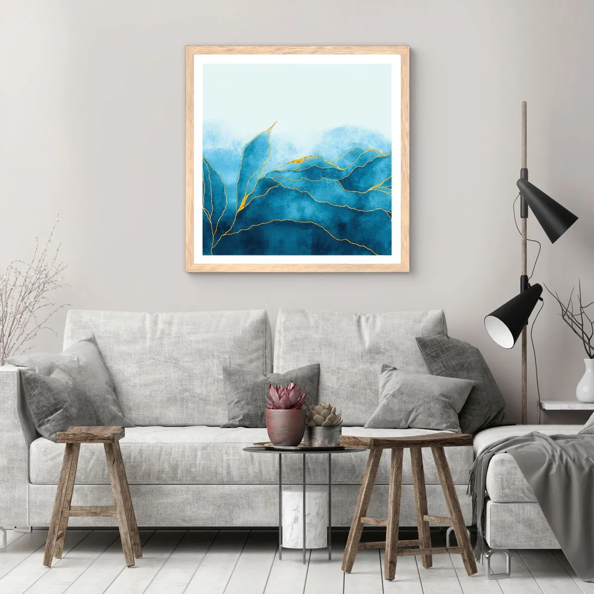 Poster in cornice rovere chiaro - Blu nell'oro - 60x60 cm