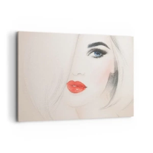 Quadro su tela - Stampe su Tela - Un ritratto minimalista di una donna con occhi azzurri e labbra rosse. - 120x80cm - Ipnotizza e inebria - Decorazione murale moderna per soggiorno e camera da letto ARTTOR