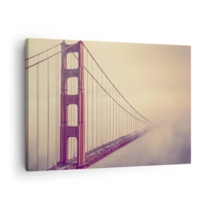Quadro su tela - Stampe su Tela - Un ponte nella nebbia in tonalità pastello, simbolo di eleganza e pace - 70x50cm - Tra il cielo e la terra - Decorazione murale moderna per soggiorno e camera da letto ARTTOR