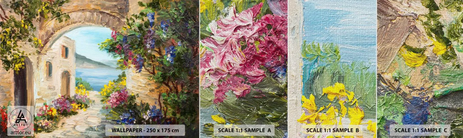 Campione di Fotomurale Premium Canvas - La bellezza della provincia costiera - Architettura, Grecia, Fiori - 100x30 cm