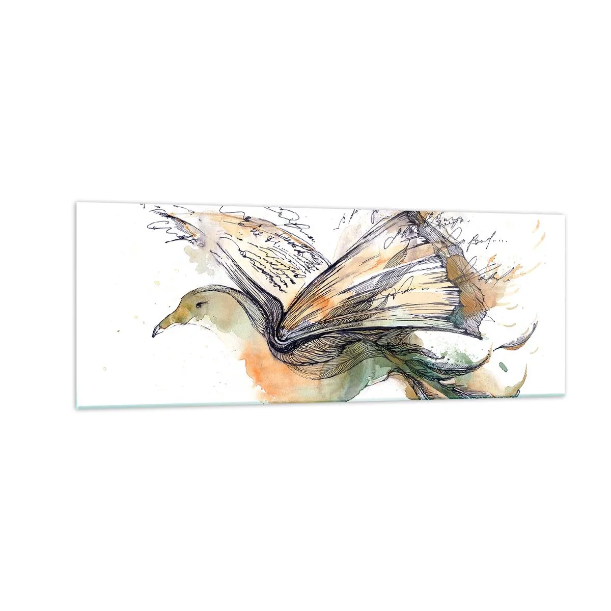 Quadro su vetro - Dipinto artistico ad acquerello di un uccello con un libro come ali - 140x50cm - Sulle ali della poesia - Decorazione murale moderna per soggiorno e camera da letto ARTTOR