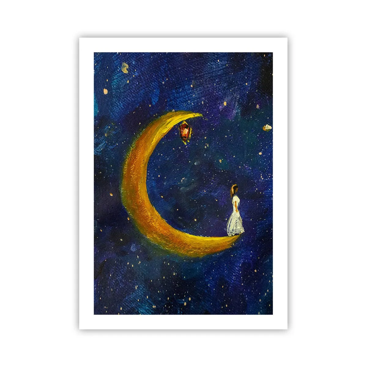 Poster - Una figura su una luna dorata contro un cielo notturno con stelle - 50x70cm - Il richiamo del mondo - Decorazione murale moderna per soggiorno e camera da letto ARTTOR