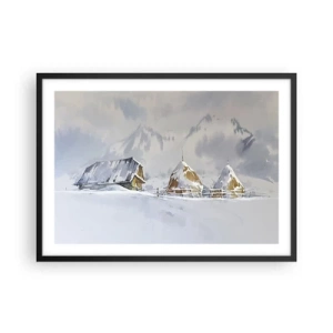 Poster in cornice nera - Paesaggio invernale con una casetta e pagliai in montagna - 70x50cm - Nella valle innevata - Decorazione murale moderna per soggiorno e camera da letto ARTTOR