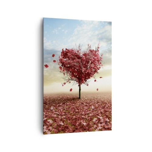 Quadro su tela - Stampe su Tela - Un albero solitario a forma di cuore in un campo di foglie rosse - 80x120cm - Ama questo autunno - Decorazione murale moderna per soggiorno e camera da letto ARTTOR