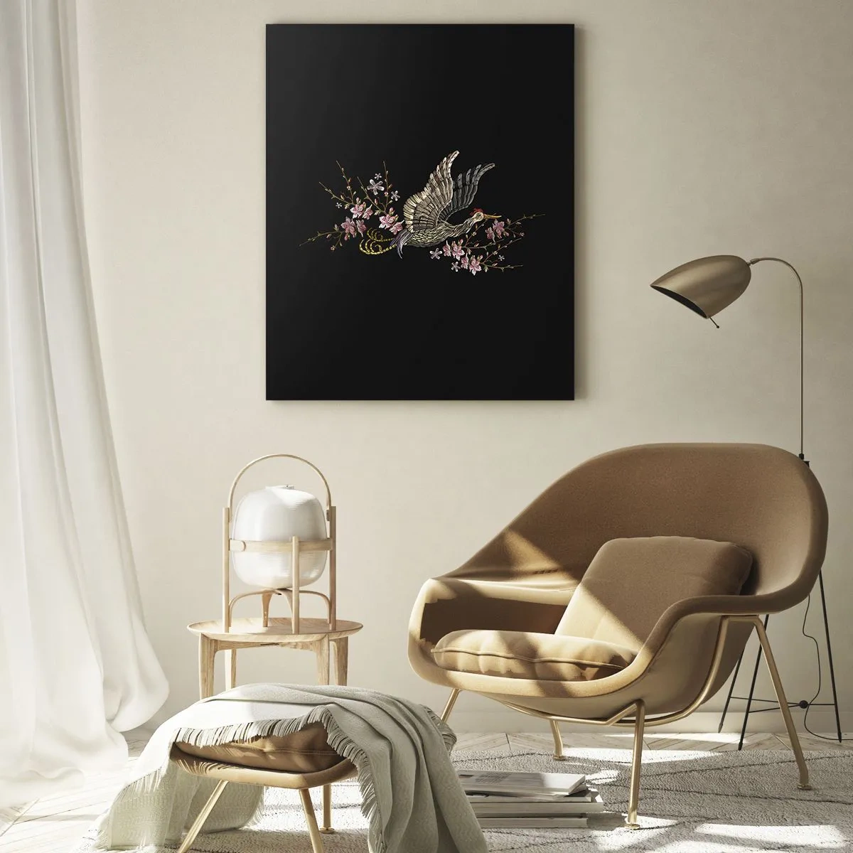 Quadro su vetro - Uccello ricamato in volo con fiori sullo sfondo su sfondo scuro - 50x70cm - Uccello esotico ricamato - Decorazione murale moderna per soggiorno e camera da letto ARTTOR