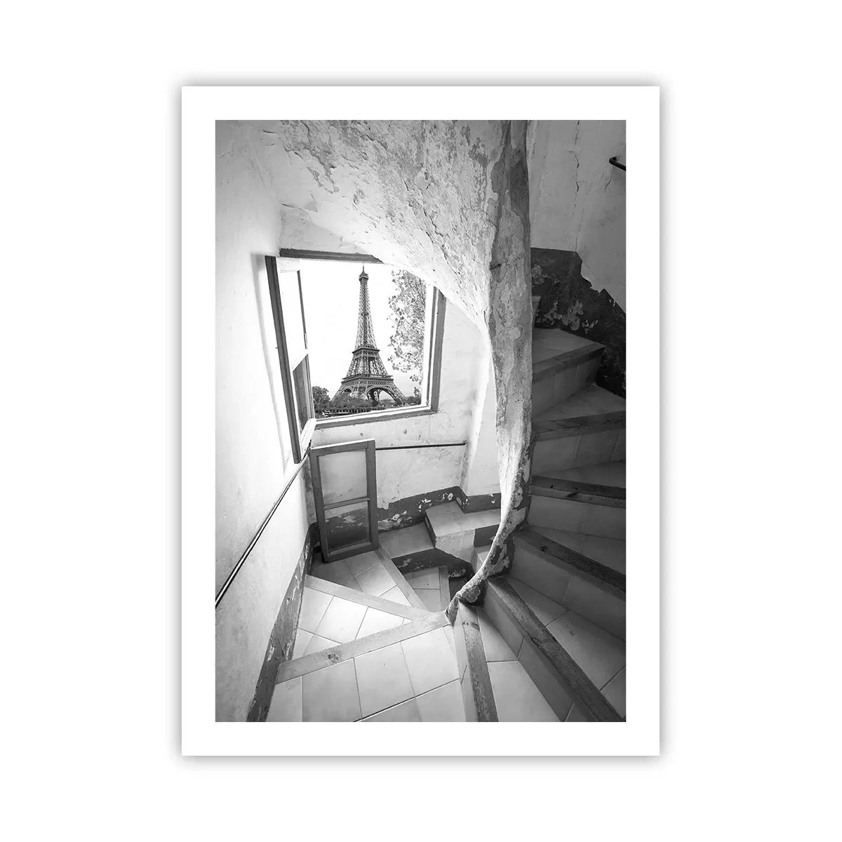 Poster - Vista della Torre Eiffel attraverso una finestra di un vecchio edificio - 50x70cm - Che vista! - Decorazione murale moderna per soggiorno e camera da letto ARTTOR