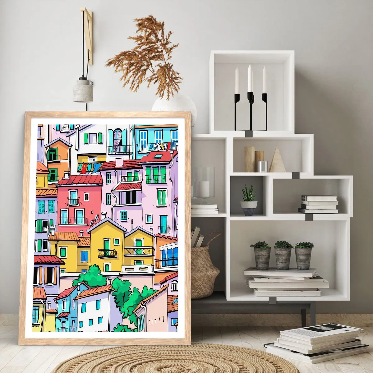 Poster in cornice rovere chiaro - Città allegra - 70x100 cm