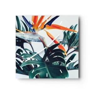 Orologio da parete - Orologio in Vetro - Fiore di Strelitzia circondato da foglie in piena luce - 30x30cm - Pianta uccello - Decorazione murale moderna per soggiorno e camera da letto ARTTOR
