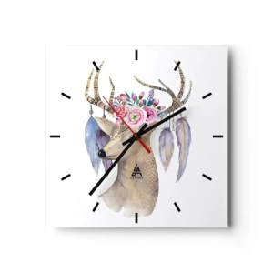 Orologio da parete - Orologio in Vetro - Grafica romantica di un cervo con fiori e piume - 30x30cm - Guida delle anime: delicato e innocente - Decorazione murale moderna per soggiorno e camera da letto ARTTOR