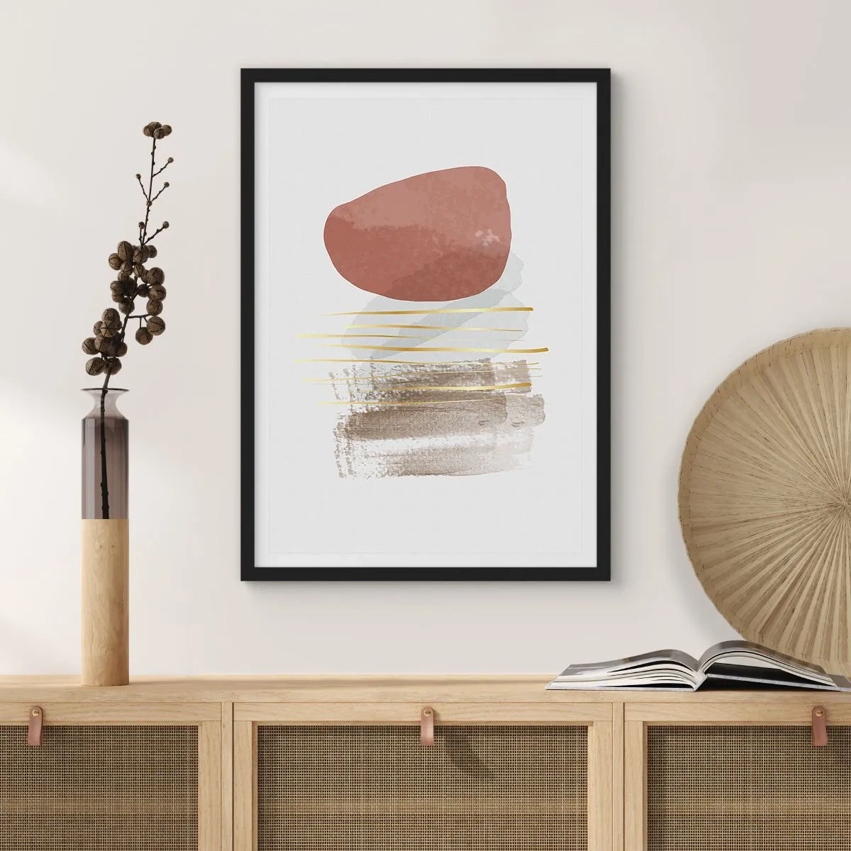 Poster in cornice nera - Astrazione minimalista con forme geometriche e linee dorate - 50x70cm - Colonnato astratto - Decorazione murale moderna per soggiorno e camera da letto ARTTOR