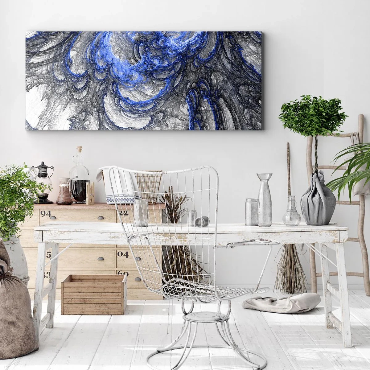 Quadro su tela - Stampe su Tela - Onde astratte nei toni del blu e del grigio - 120x50cm - La nascita dell'onda - Decorazione murale moderna per soggiorno e camera da letto ARTTOR