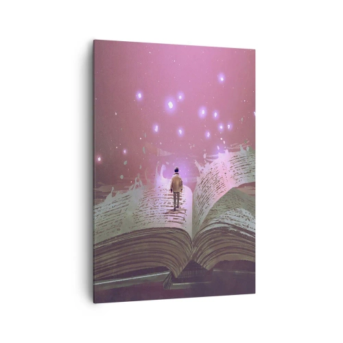 Quadro su tela - Stampe su Tela - Una figura cammina su un libro aperto in una luce magica. - 70x100cm - Invito ad un altro mondo: leggi! - Decorazione murale moderna per soggiorno e camera da letto ARTTOR