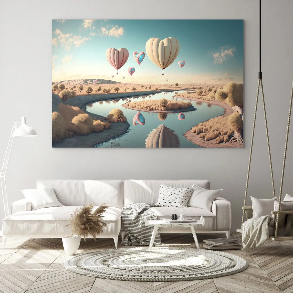 Quadro su vetro - Palloncini a forma di cuore sopra un paesaggio da favola con un fiume - 70x50cm - L'amore permette di volare - Decorazione murale moderna per soggiorno e camera da letto ARTTOR