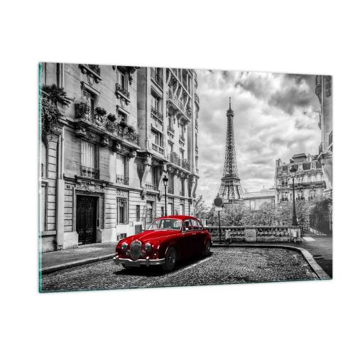 Quadro su vetro - Auto rossa davanti alla Torre Eiffel nella Parigi in bianco e nero - 120x80cm - Predatore in città - Decorazione murale moderna per soggiorno e camera da letto ARTTOR