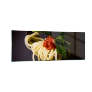 Quadro su vetro - Spaghetti alla forchetta con salsa di pomodoro e prezzemolo - 140x50cm - Un boccone delizioso - Decorazione murale moderna per soggiorno e camera da letto ARTTOR
