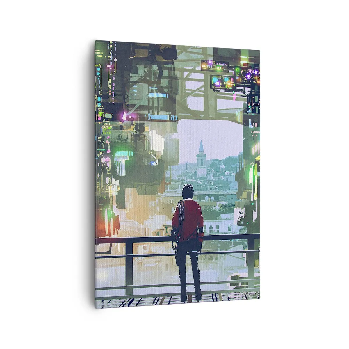 Quadro su tela - Stampe su Tela - Una figura in una città futuristica con luci al neon - 70x100cm - Due mondi - Decorazione murale moderna per soggiorno e camera da letto ARTTOR