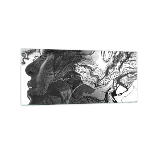 Quadro su vetro - Volto astratto in bianco e nero con linee dinamiche. - 120x50cm - Aggrovigliata nei sogni - Decorazione murale moderna per soggiorno e camera da letto ARTTOR