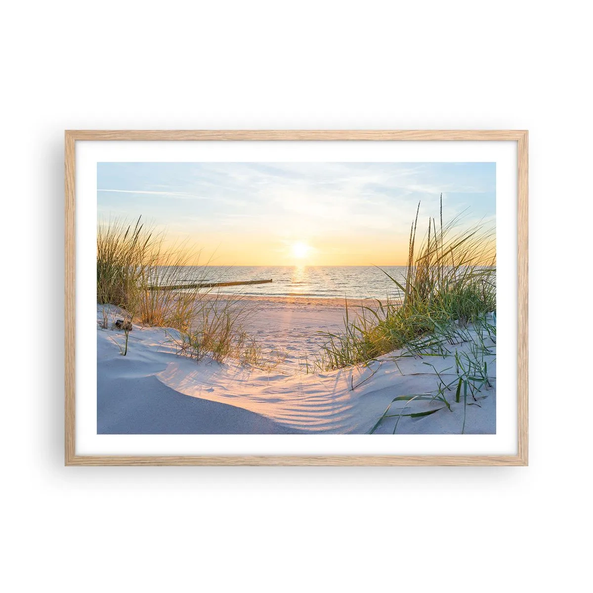 Poster in cornice rovere chiaro - Rumore del mare, uccelli che cantano, spiaggia selvatica tra i cespugli... - 70x50 cm