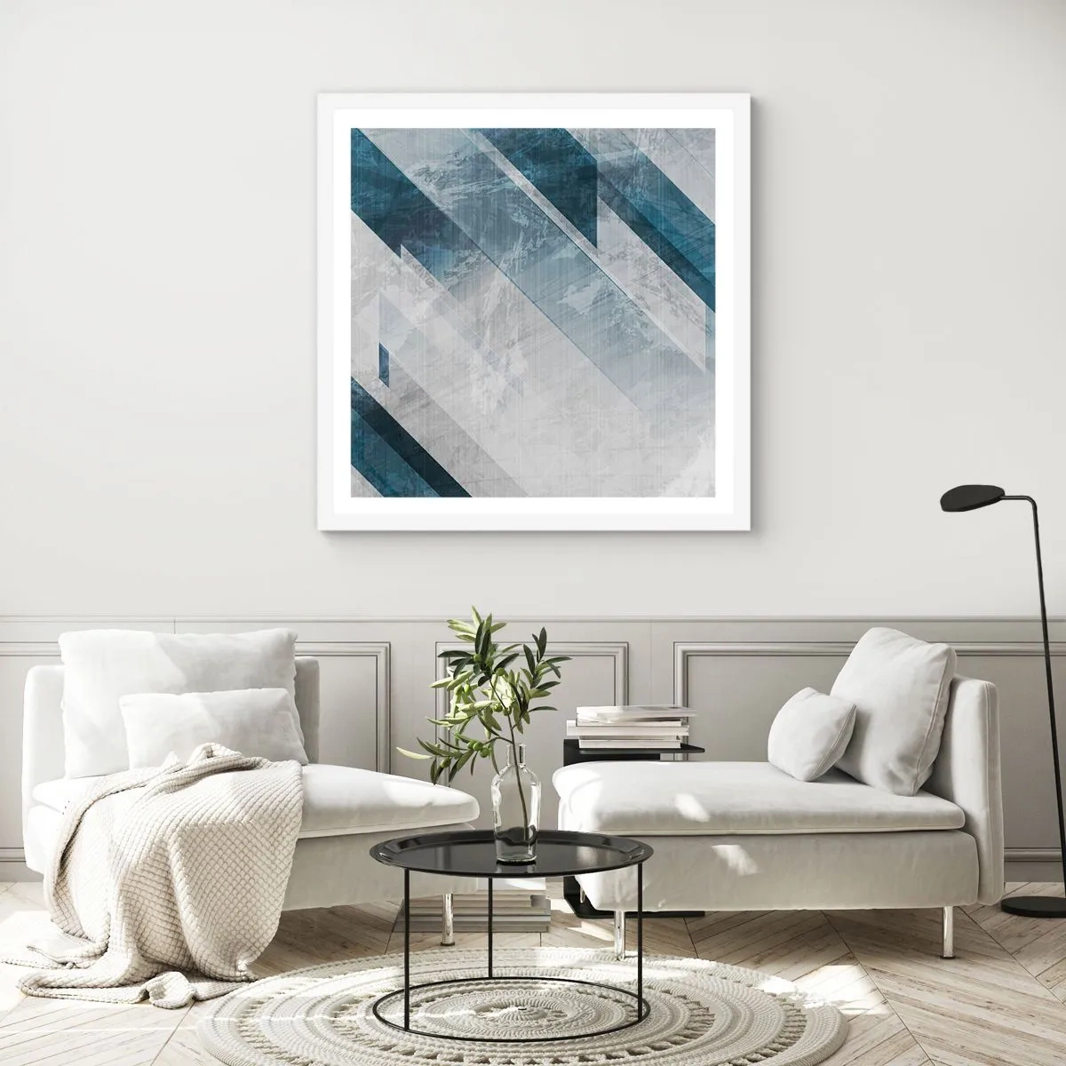Poster in cornice bianca - Composizione spaziale: movimento in grigio - 60x60 cm