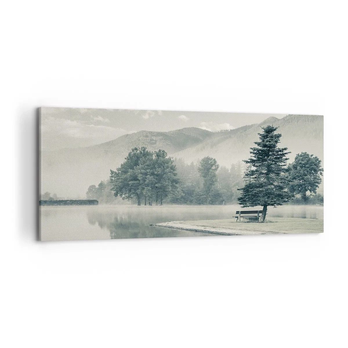 Quadro su tela - Stampe su Tela - Un pittoresco lago con una panchina e la nebbia sullo sfondo - 120x50cm - Il lago dorme ancora - Decorazione murale moderna per soggiorno e camera da letto ARTTOR