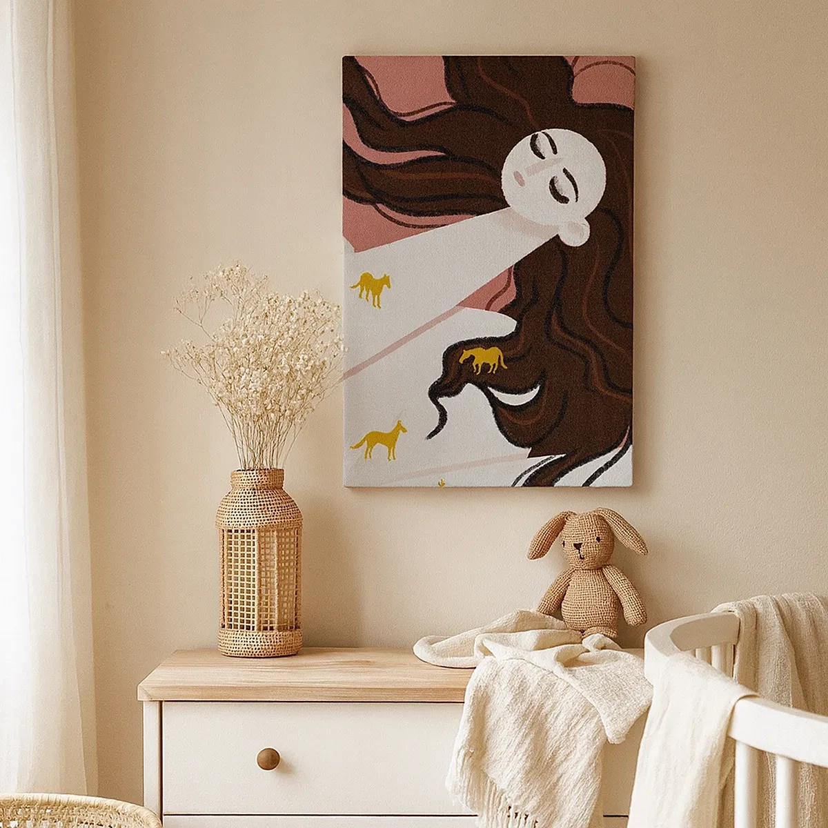 Quadro su tela - Stampe su Tela - Una figura con gli occhi chiusi circondata da cavalli dorati - 50x70cm - Il sogno del cavallo d'oro - Decorazione murale moderna per soggiorno e camera da letto ARTTOR