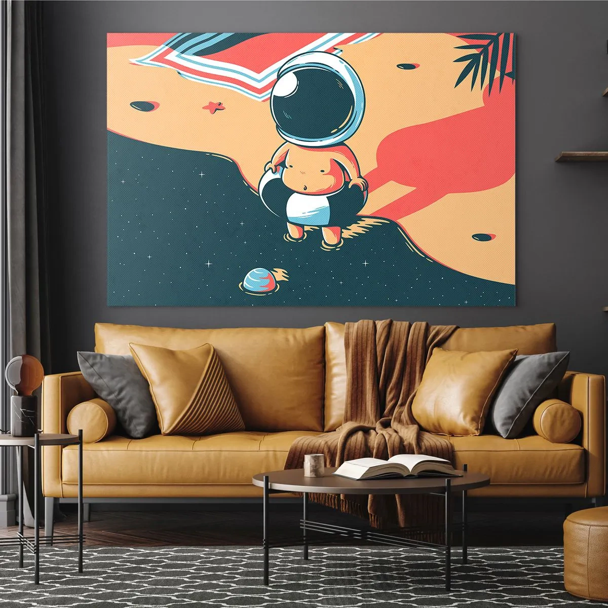 Quadro su vetro - Figura di astronauta su una spiaggia con un paesaggio cosmico - 100x70cm - Da un'altra prospettiva - Decorazione murale moderna per soggiorno e camera da letto ARTTOR