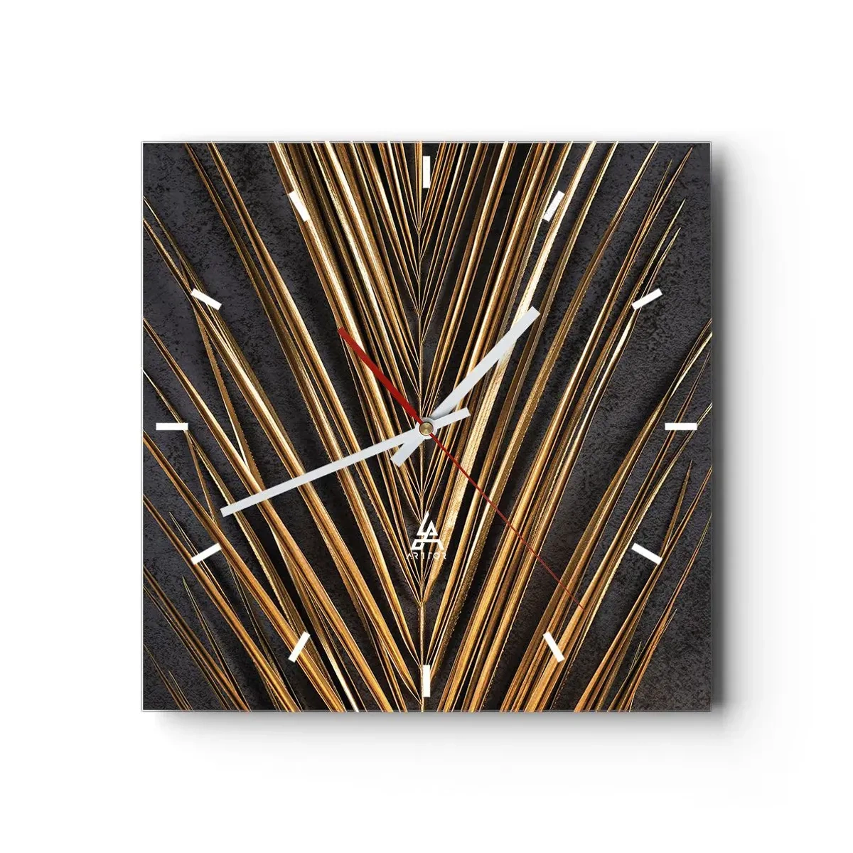 Orologio da parete - Orologio in Vetro - Foglia tropicale dorata su sfondo nero - 30x30cm - L'oro dei tropici - Decorazione murale moderna per soggiorno e camera da letto ARTTOR