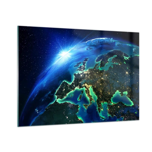 Quadro su vetro - Vista della Terra dallo spazio con Europa che brilla di notte - 100x70cm - L'Europa scintillante - Decorazione murale moderna per soggiorno e camera da letto ARTTOR