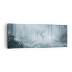 Quadro su tela - Stampe su Tela - Un cervo in una fitta foresta avvolto nella nebbia mattutina - 140x50cm - Passeggiata mattutina sulle sue terre - Decorazione murale moderna per soggiorno e camera da letto ARTTOR