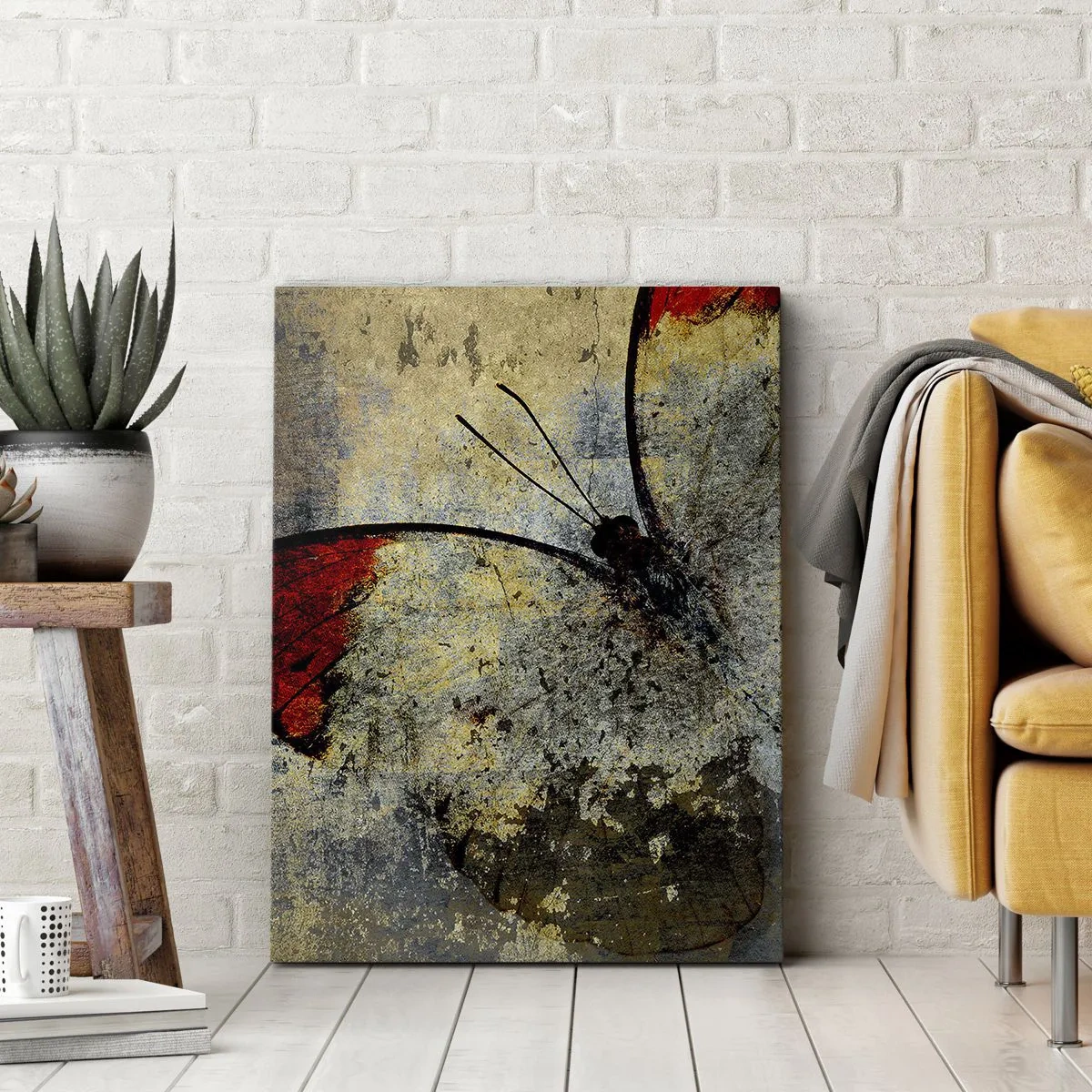 Quadro su tela - Stampe su Tela - Una farfalla nei toni del rosso e del grigio su uno sfondo strutturato - 70x100cm - Guarda prima che scompaia - Decorazione murale moderna per soggiorno e camera da letto ARTTOR