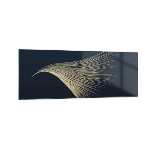 Quadro su vetro - Una delicata linea simile a una piuma su uno sfondo blu navy - 140x50cm - Come un capello d'angelo - Decorazione murale moderna per soggiorno e camera da letto ARTTOR
