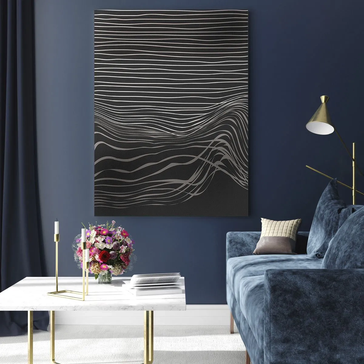 Quadro su vetro - Linee delicate in una disposizione astratta su uno sfondo scuro - 50x70cm - Ritmo e accento - Decorazione murale moderna per soggiorno e camera da letto ARTTOR