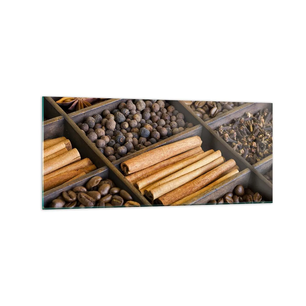Quadro su vetro - Spezie e caffè in scomparti di legno - 120x50cm - Il tesoro degli aromi - Decorazione murale moderna per soggiorno e camera da letto ARTTOR