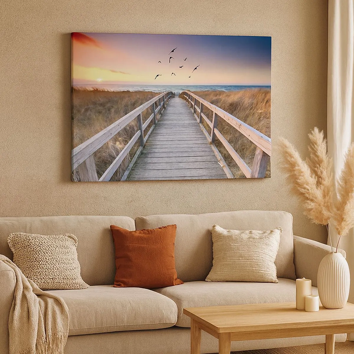 Quadro su tela - Stampe su Tela - Molo di legno che conduce alla spiaggia al tramonto - 70x50cm - Spazio per volare - Decorazione murale moderna per soggiorno e camera da letto ARTTOR