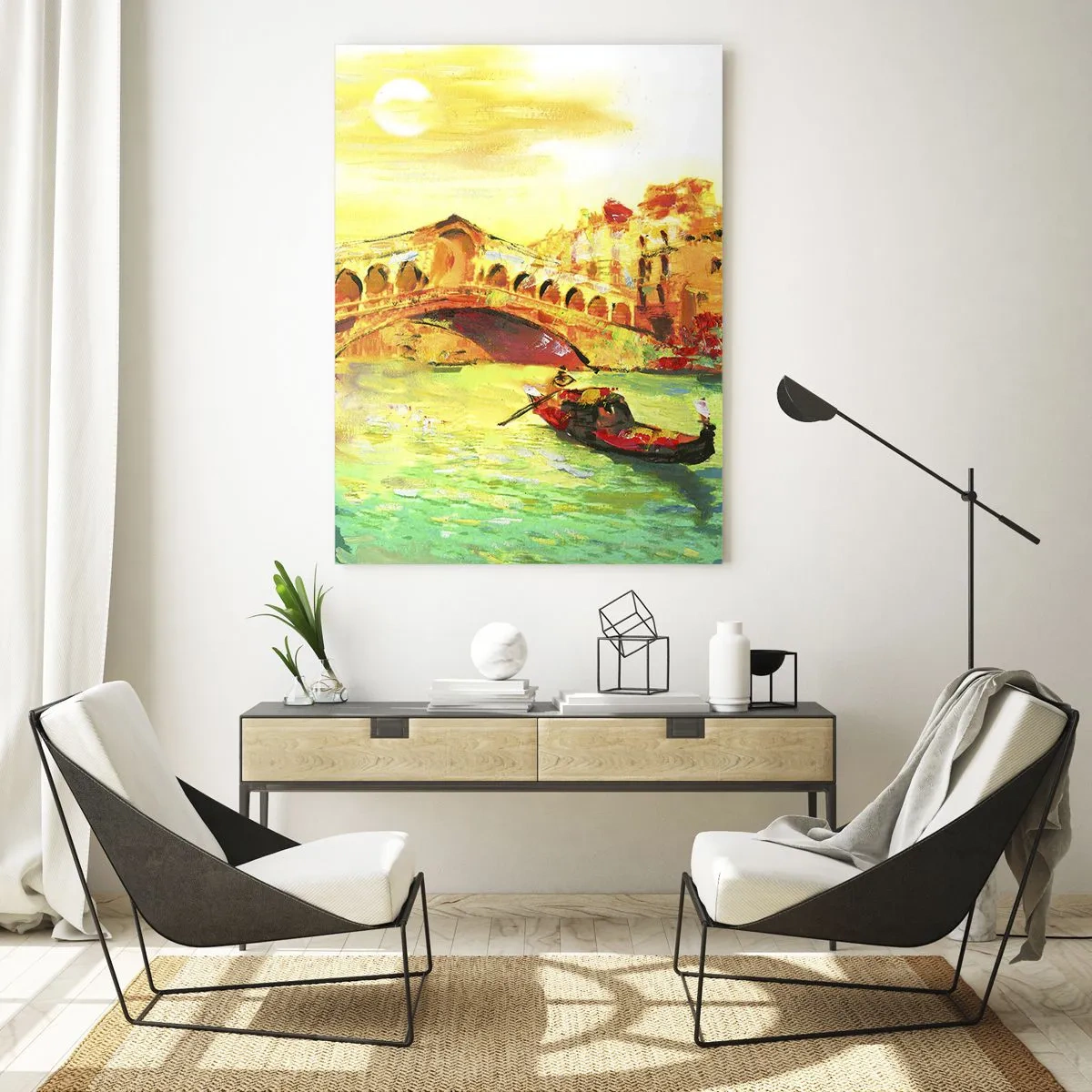 Quadro su vetro - Un pittoresco ponte sul canale con una gondola alla luce del sole al tramonto - 80x120cm - Il pellegrinaggio degli innamorati - Decorazione murale moderna per soggiorno e camera da letto ARTTOR