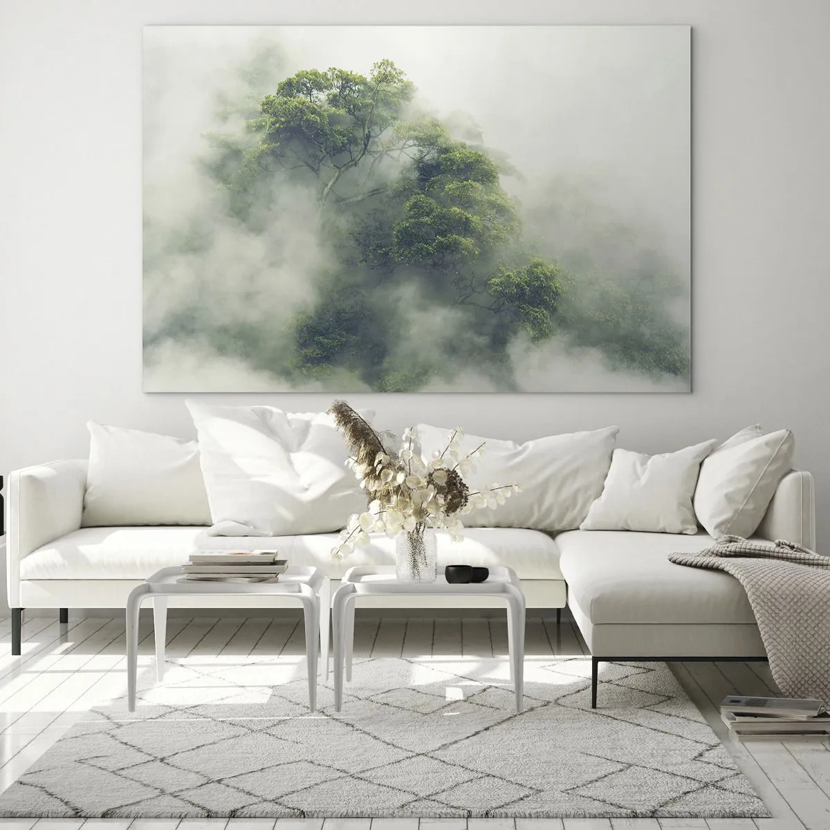 Quadro su vetro - Alberi della foresta tropicale che emergono dalla fitta nebbia - 70x50cm - Avvolti dalla nebbia - Decorazione murale moderna per soggiorno e camera da letto ARTTOR