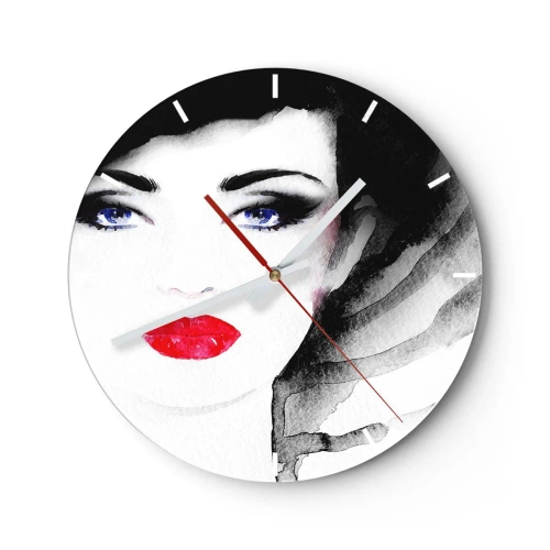 Orologio da parete - Orologio in Vetro - Ritratto di una donna con labbra rosse e occhi azzurri intensi - 30x30cm - Respinge e richiama - Decorazione murale moderna per soggiorno, cucina e camera da letto ARTTOR