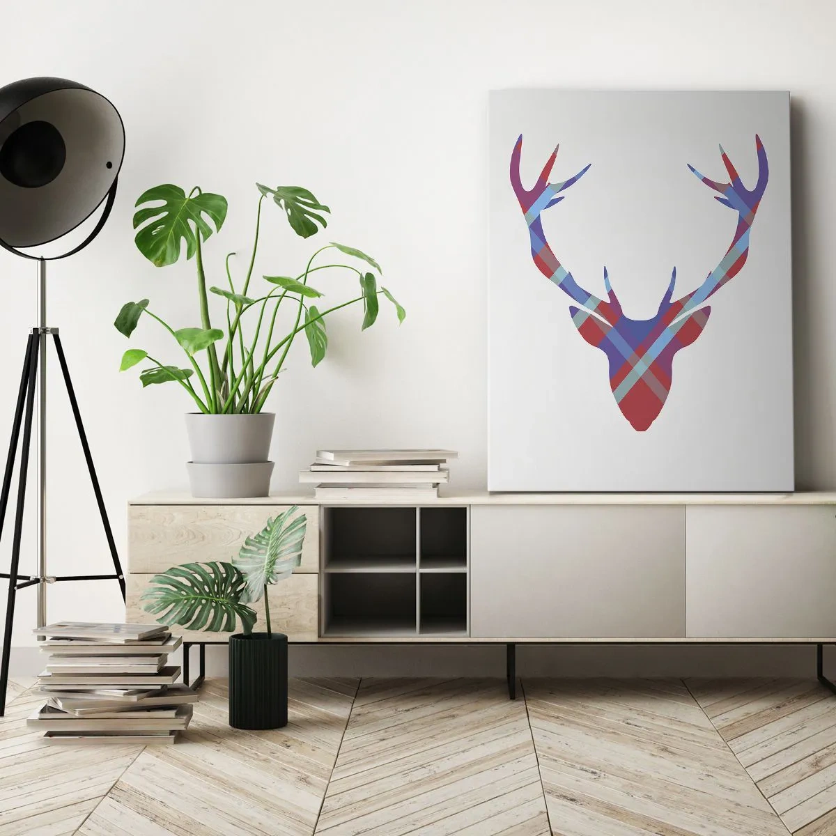 Quadro su tela - Stampe su Tela - Immagine geometrica di un cervo su uno sfondo chiaro - 50x70cm - Cervo scozzese - Decorazione murale moderna per soggiorno e camera da letto ARTTOR