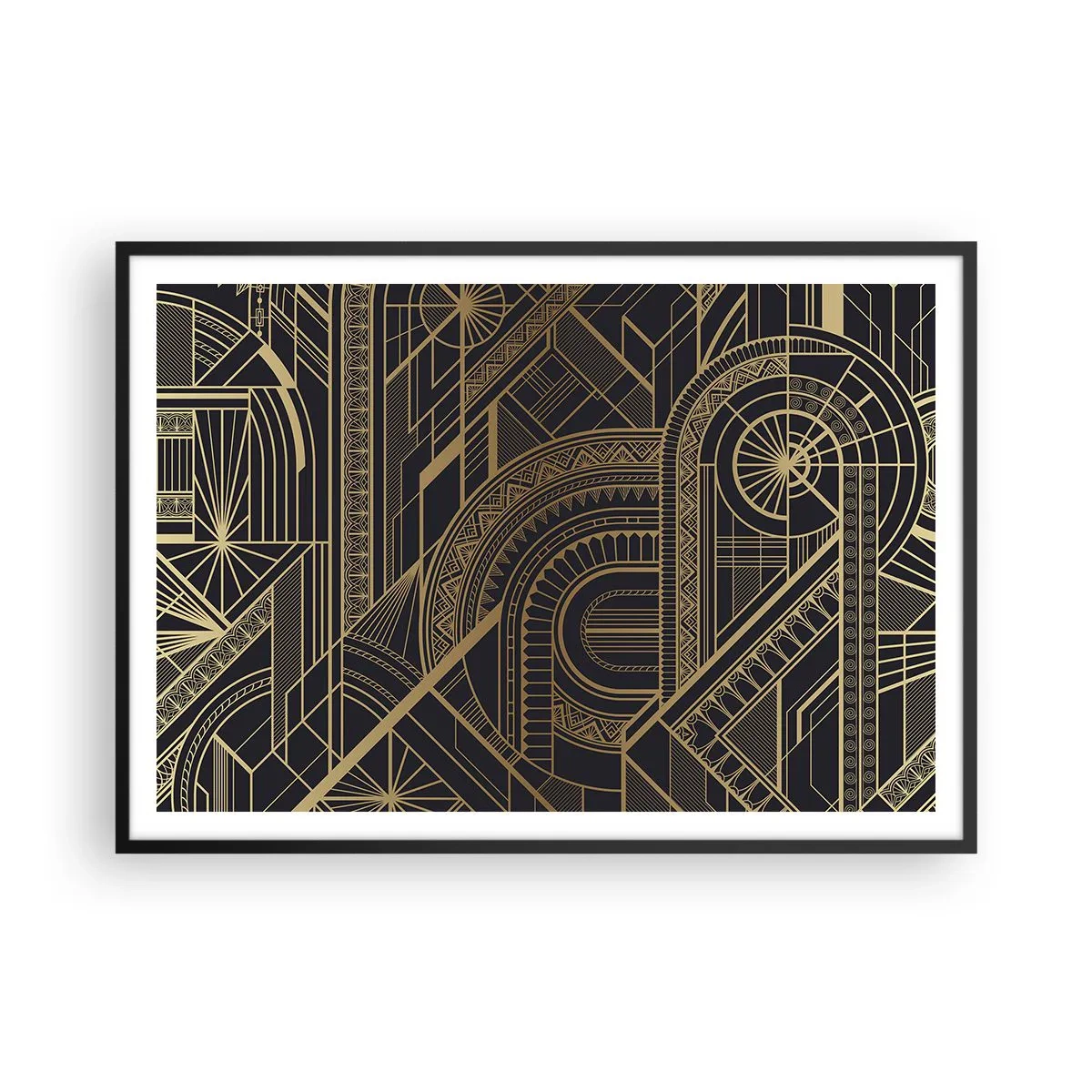 Poster in cornice nera - Motivi geometrici dorati su sfondo nero in stile Art Déco - 100x70cm - Concetti, idee, progetti - Decorazione murale moderna per soggiorno e camera da letto ARTTOR