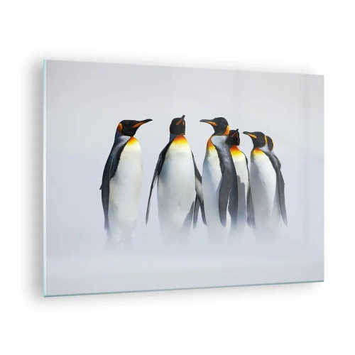 Quadro su vetro - Un gruppo di pinguini in uno scenario invernale - 70x50cm - Incontro in abito da sera - Decorazione murale moderna per soggiorno e camera da letto ARTTOR