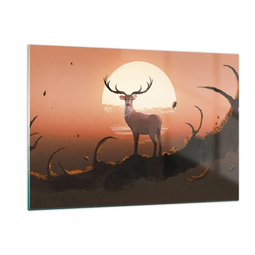 Quadro su vetro - Silhouette di un cervo sullo sfondo di una grande luna circondata da rami - 120x80cm - Questa notte è diversa dalle altre - Decorazione murale moderna per soggiorno e camera da letto ARTTOR