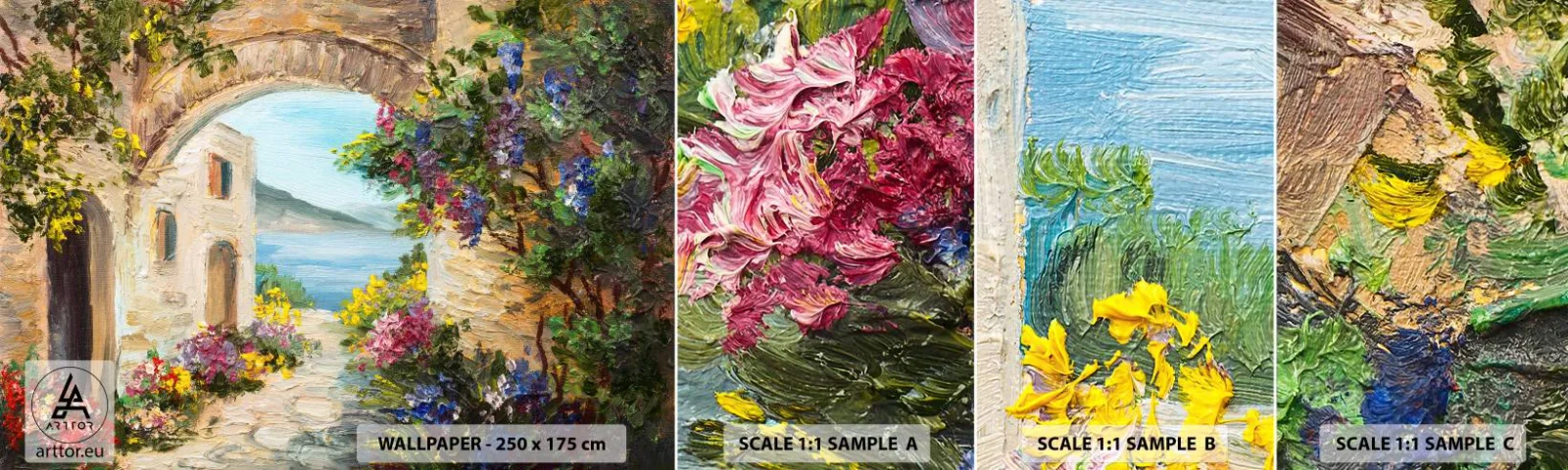 Campione di Fotomurale Adesivo Deluxe Sticker - La bellezza della provincia costiera - Architettura, Grecia, Fiori - 100x30 cm