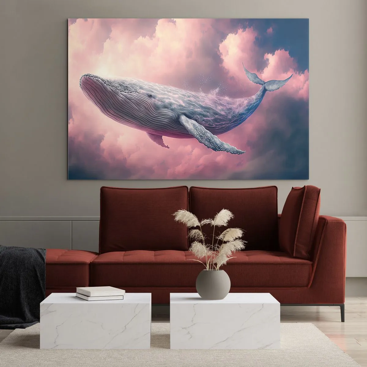Quadro su vetro - Una balena che galleggia tra le nuvole con un bagliore rosa - 70x50cm - Strofinati gli occhi - Decorazione murale moderna per soggiorno e camera da letto ARTTOR