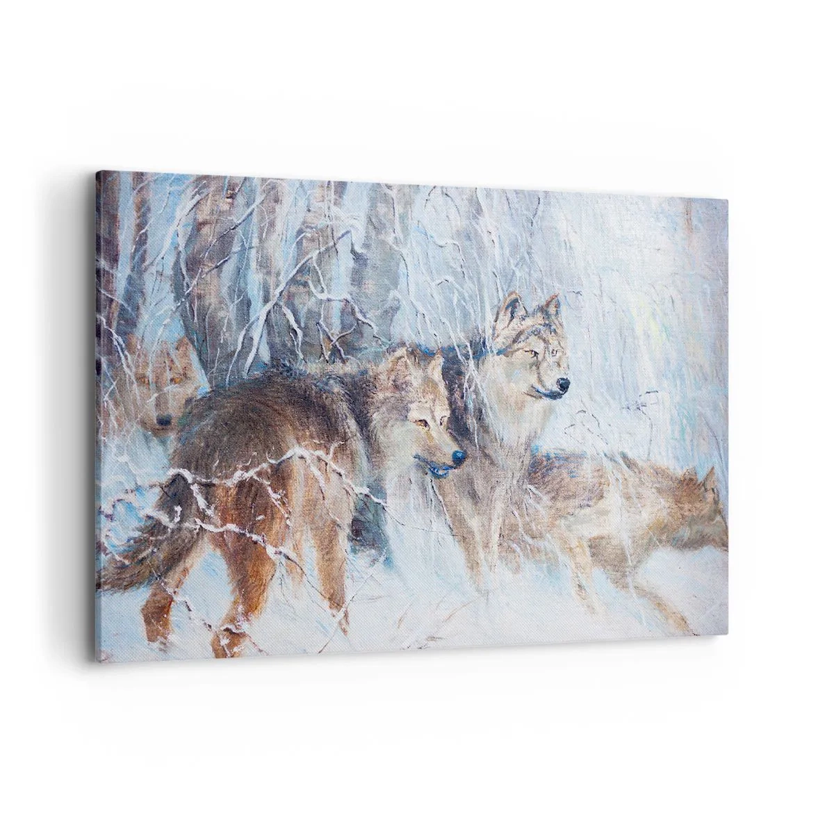 Quadro su tela - Stampe su Tela - Lupi in una foresta invernale contro uno sfondo innevato - 120x80cm - Attenzione! In arrivo... - Decorazione murale moderna per soggiorno e camera da letto ARTTOR