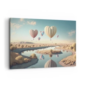 Quadro su tela - Stampe su Tela - Palloncini a forma di cuore che fluttuano sopra il paesaggio - 100x70cm - L'amore permette di volare - Decorazione murale moderna per soggiorno e camera da letto ARTTOR
