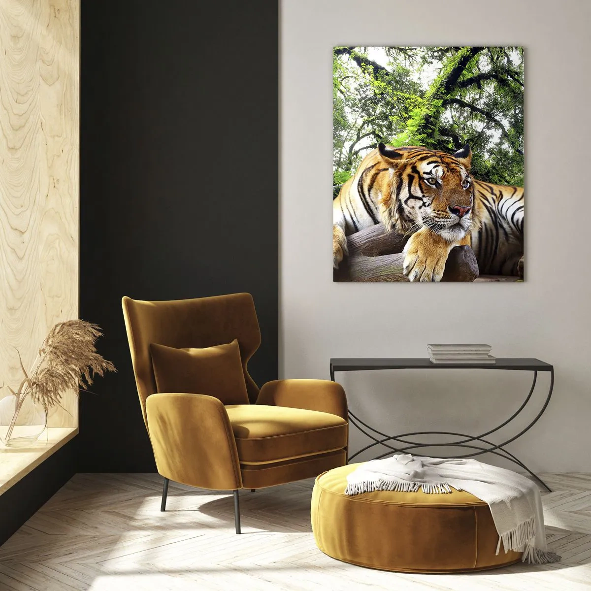 Quadro su vetro - Una tigre che riposa in una verde foresta tropicale - 50x70cm - Con espressioni di stima - Decorazione murale moderna per soggiorno e camera da letto ARTTOR