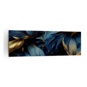 Quadro su tela - Stampe su Tela - Eleganti foglie nei toni dell'oro e del blu navy - 160x50cm - Foderati d'oro - Decorazione murale moderna per soggiorno e camera da letto ARTTOR