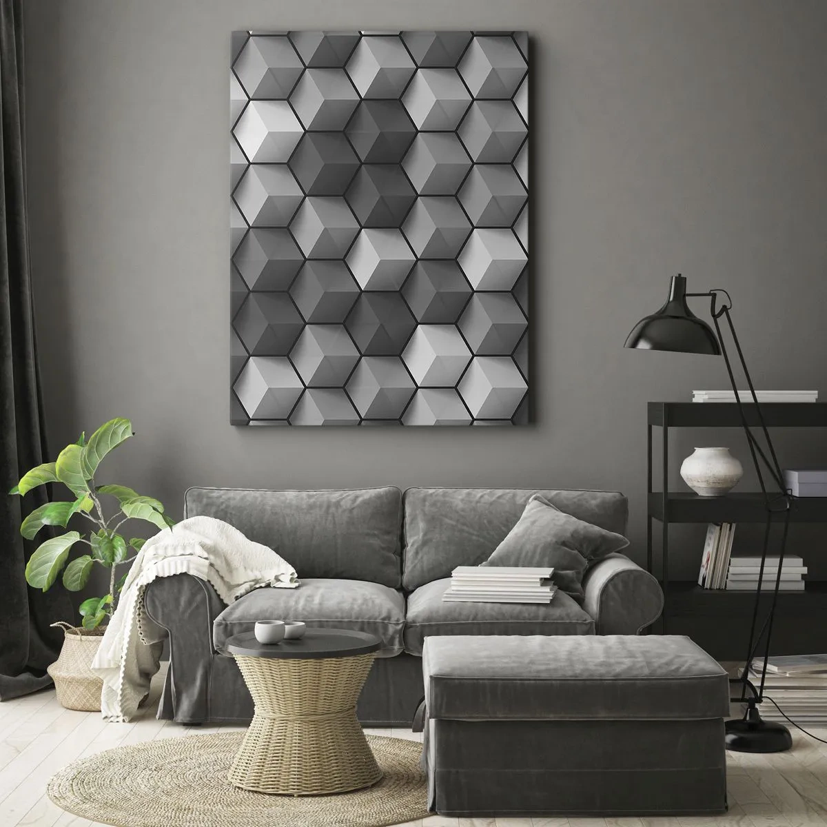 Quadro su tela - Stampe su Tela - Composizione geometrica di cubi nelle tonalità del grigio e del nero - 50x70cm - Puzzle cubista - Decorazione murale moderna per soggiorno e camera da letto ARTTOR