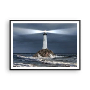 Poster in cornice nera - Un faro su una roccia circondato da un mare in tempesta - 100x70cm - Qui...qui... qui! - Decorazione murale moderna per soggiorno e camera da letto ARTTOR