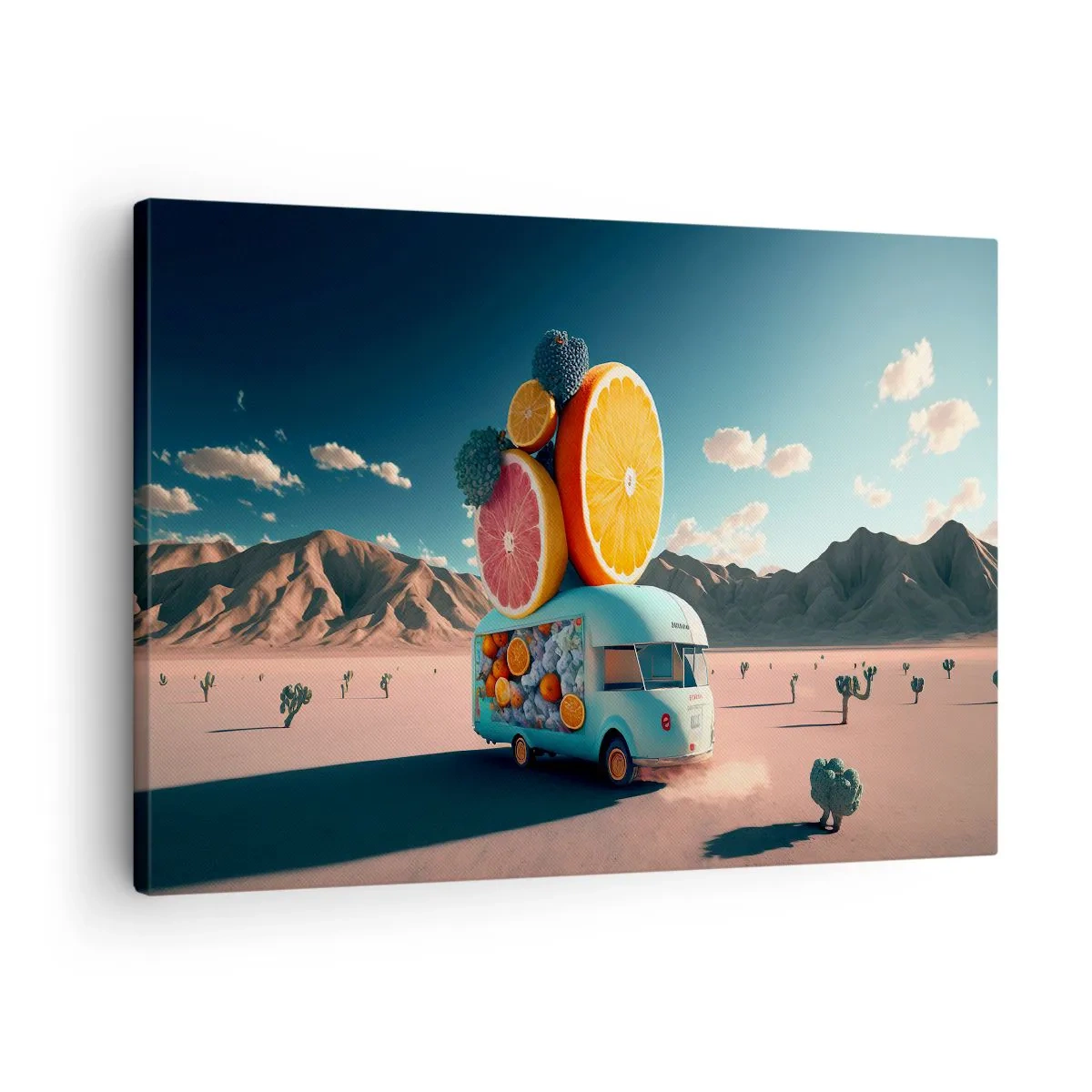 Quadro su tela - Stampe su Tela - Camion della frutta in un paesaggio desertico - 70x50cm - Il sapore delle vacanze - Decorazione murale moderna per soggiorno e camera da letto ARTTOR